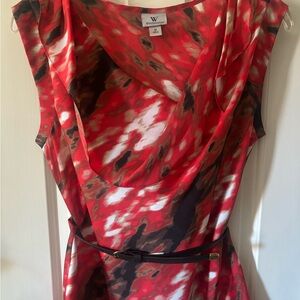 Worthington Sleeveless Red Multicolor Top w/Belt. SZ M